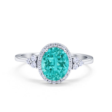 Halo Art Deco Oval Engagement Ring Simulated Paraiba Tourmaline CZ 925 Sterling Silver